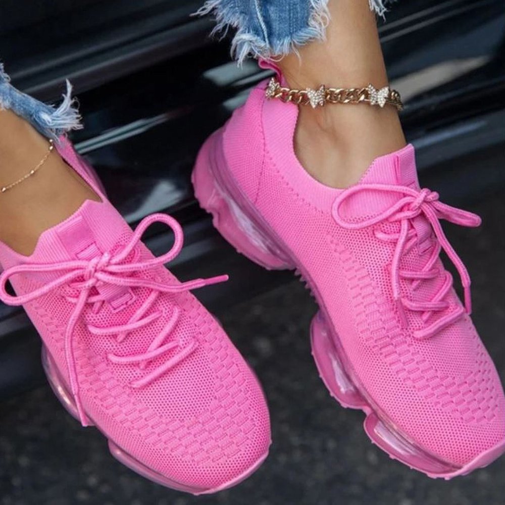 New Fuchsia Pink Knit Lace Clear Bubble Sneakers